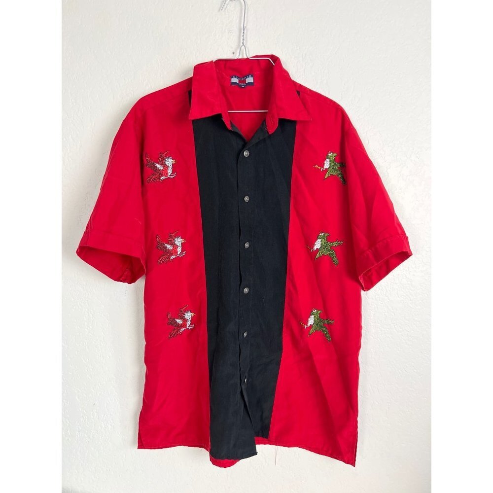 Scorpio USA Vintage Mens  Cuban Cigar Red Shirt Eagles Birds Fighting Embroidere